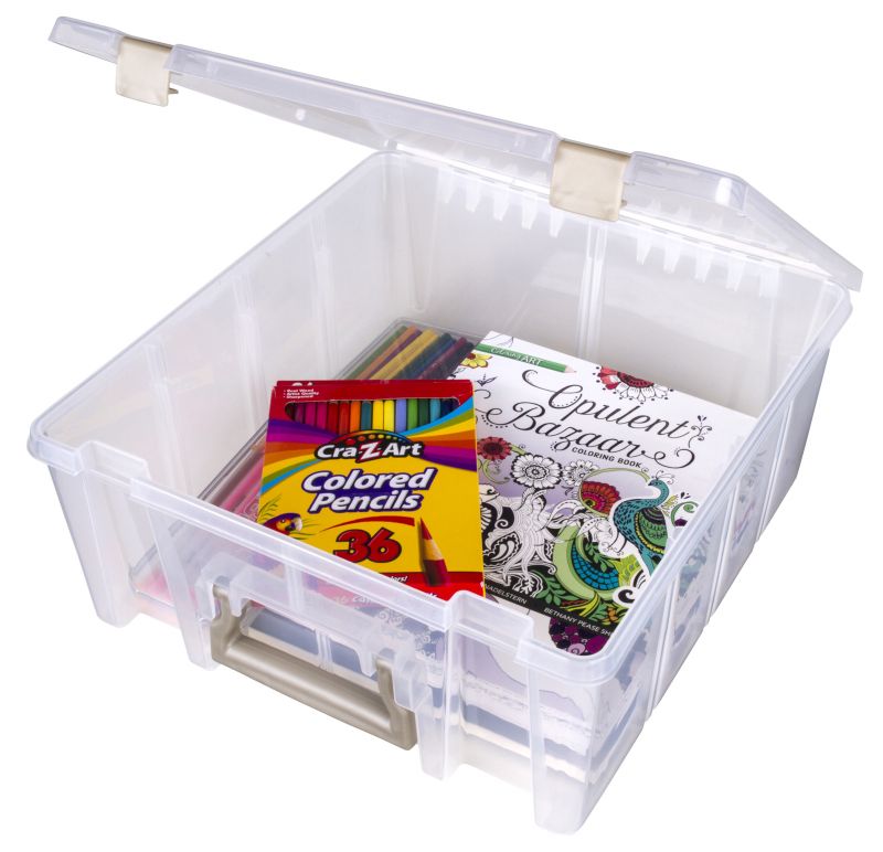 Artbin 6990so Super Satchel Double Deep with Removable Dividers, Large Portable Art & Craft Storage with Handle, Clear/Gold